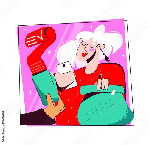 Paying bill throught smarthone. Bright extravagant woman in red pays for purchases at the checkout. Vector cartoon illustration isolated on pink background. Square layout.