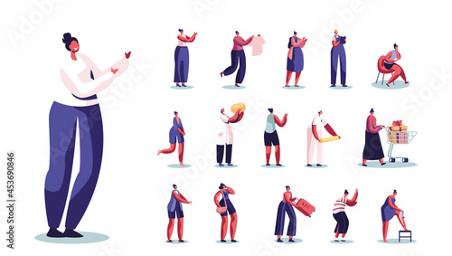 Set of Female Characters Shaving Legs, Buying Gifts, Builder or Engineer Occupation, Cheese Manufacture Worker, Student
