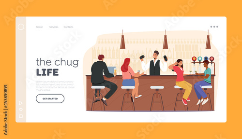 The Chug Life, Bar Recreation Landing Page Template. People Visit Pub, Couple Sit at High Chairs Drink Alcohol on Desk