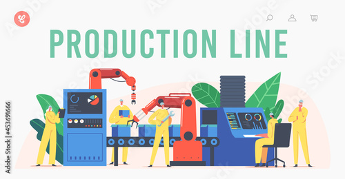 Production Line with Robotic Arms Landing Page Template. Factory Worker Characters Automated Assembly Process