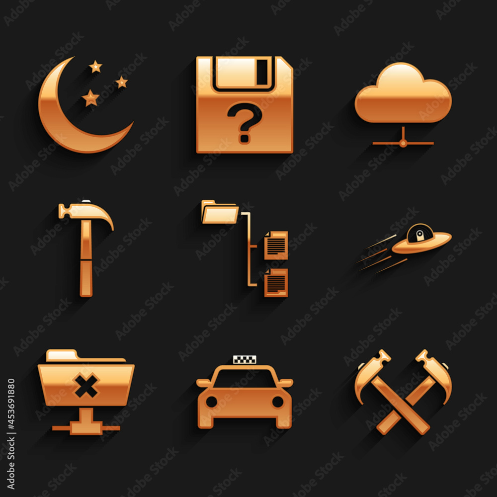 Set Folder tree, Taxi car, Two crossed hammers, UFO flying spaceship and alien, FTP cancel operation and Hammer icon. Vector