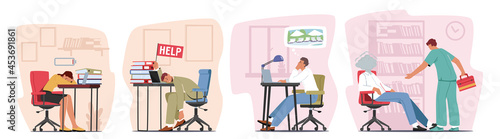 Set Professional Burnout Syndrome. Exhausted Managers Characters at Work Sitting at Table with Head Down and Low Battery