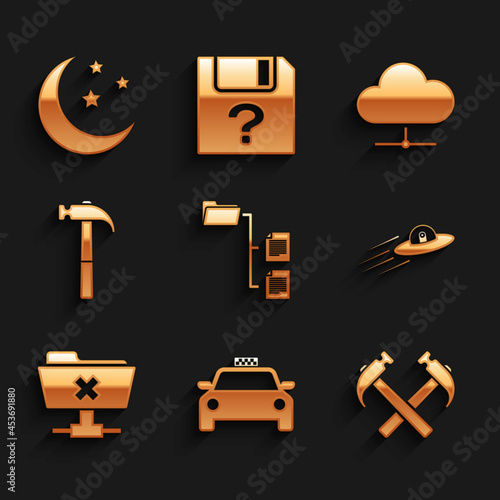 Set Folder tree, Taxi car, Two crossed hammers, UFO flying spaceship and alien, FTP cancel operation and Hammer icon. Vector