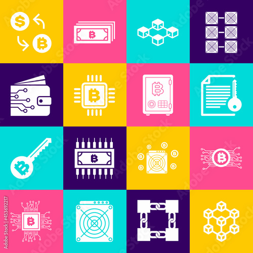 Set Blockchain technology, Cryptocurrency bitcoin circuit, Smart contract, , CPU mining farm and wallet icon. Vector