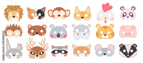 Set Animal Masks, Masquerade Decor for Costume Party. Headbands Isolated on White Background. Face Masking for Holidays