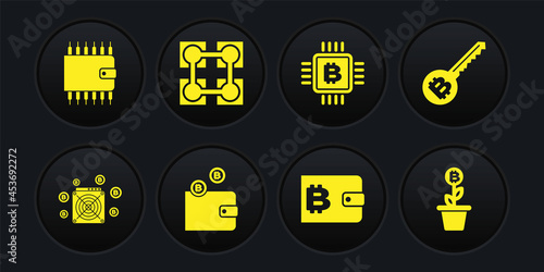 Set ASIC Miner, Cryptocurrency key, wallet, , CPU mining farm and Blockchain technology icon. Vector