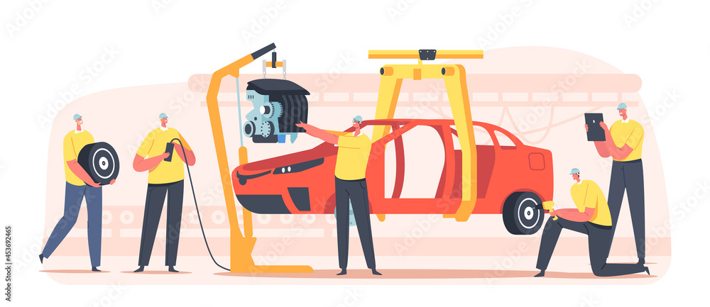 Workers Characters on Car Production Line on Plant, Vehicle Manufacture Factory Auto Body Assembly, Automobile Building Workers Characters on Car Production Line on Plant, Vehicle Manufacture Factory Auto Body Assembly, Automobile Building
