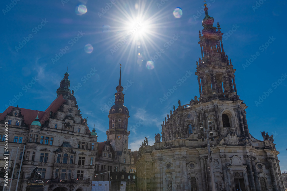 DRESDEN, GERMANY, 23 JULY 2020: sunburst of the sun over Dresden