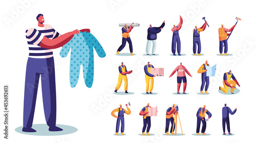 Set Male Characters Father with Baby Clothes, Architects or Builders with Working Tools and Instruments, Home Renovation