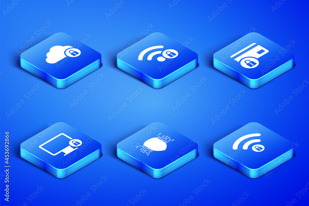 Set Wifi locked, Cloud computing, Cyber security, Lock on monitor, and Credit card with icon. Vector Set Wifi locked, Cloud computing, Cyber security, Lock on monitor, and Credit card with icon. Vector