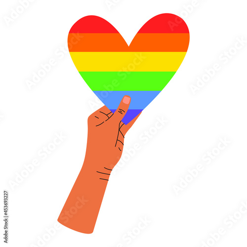 Vector illustration of a hand holding a rainbow heart, a symbol of the LGBT community. The concept of celebrating the International Day against Homophobia. A symbol of tolerance and solidarity.