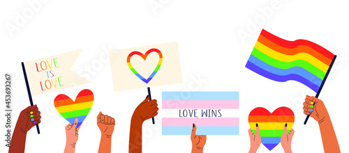 Flat illustration of hands holding banners, flags with LGBT symbols and rainbow hearts. Celebrating the month of pride against violence, discrimination, human rights violations. Tolerance and equality
