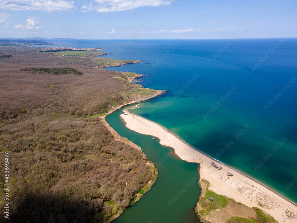 Aerial view of beach at the mouth of the Veleka River, Bulgaria Aerial view of beach at the mouth of the Veleka River, Bulgaria