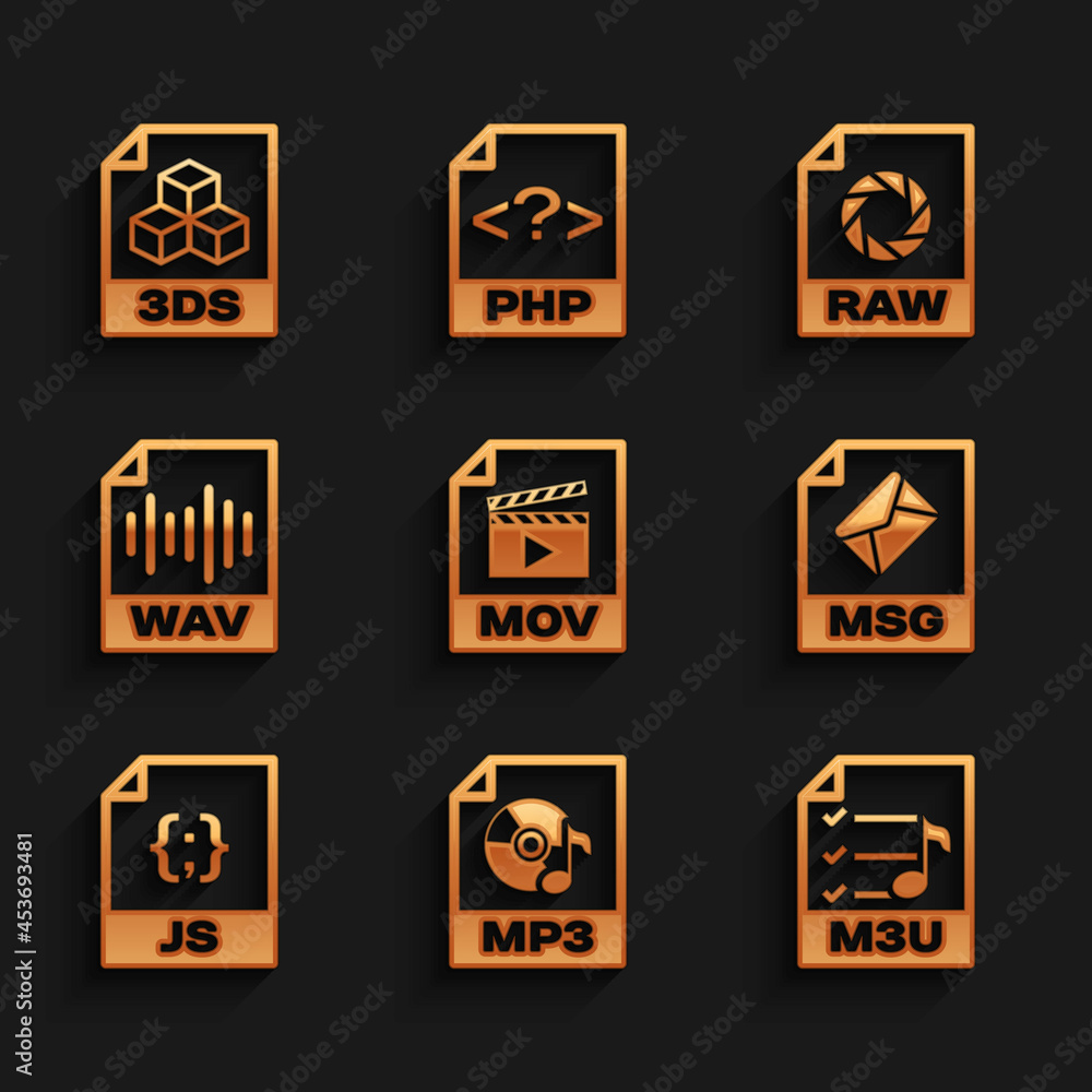 Set MOV file document, MP3, M3U, MSG, JS and WAV icon. Vector