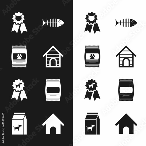 Set Dog house, Bag of food for pet, Cat award symbol, Fish skeleton, and icon. Vector