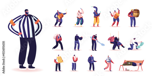 Set of Male Characters Hockey Judge, Traditional Indian Musicians with Drums, Farmer with Honey Barrel, Man with Sack