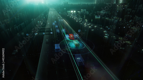Digital presentation of the autonomous cars self-driving concept on multi-level highway of the big city, view from above.
