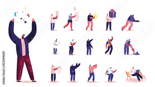 Set of Male Characters with Confetti, Gift Box and Star, Cleaning Worker with Vacuum Cleaner, Freelancer with Laptop