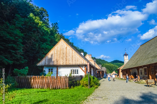 SANOK, POLAND, 22 AUGUST 2018: Old wooden buildings of the open-air museum (or skansen)