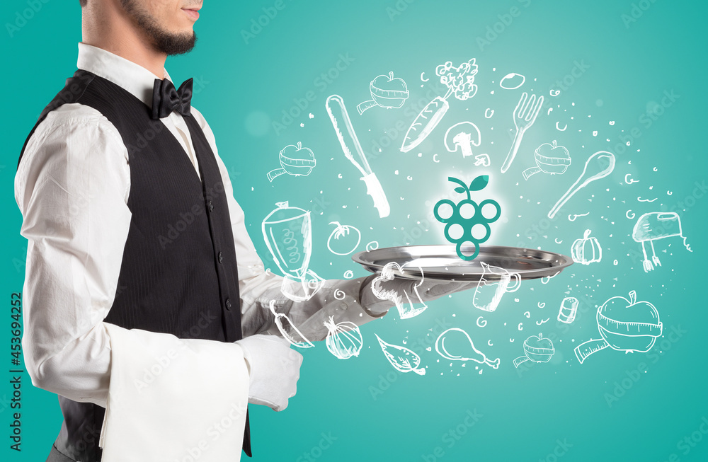Waiter holding silver tray with food icons above Waiter holding silver tray with food icons above