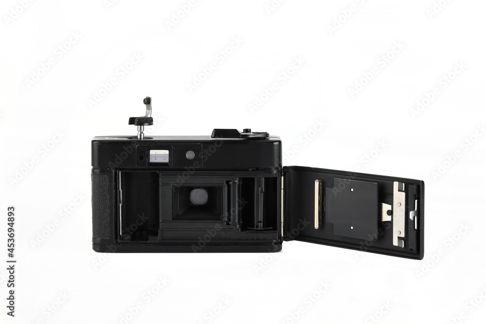 The old 35mm. automatic scaling film camera on white background.