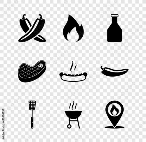 Set Crossed hot chili pepper pod, Fire flame, Ketchup bottle, Barbecue spatula, grill, Location with fire, Steak meat and Hotdog sandwich icon. Vector