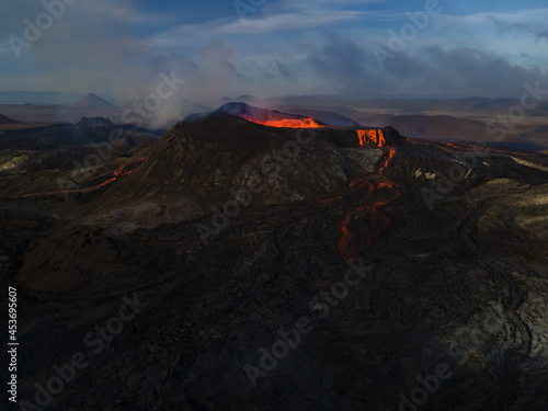Beautiful aerial view of the Active Volcano with red Lava in Iceland
