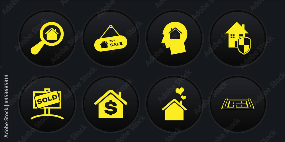 Set Hanging sign with Sold, House under protection, dollar, heart shape, Man dreaming about buying house, For Sale, plan and Search icon. Vector Set Hanging sign with Sold, House under protection, dollar, heart shape, Man dreaming about buying house, For Sale, plan and Search icon. Vector