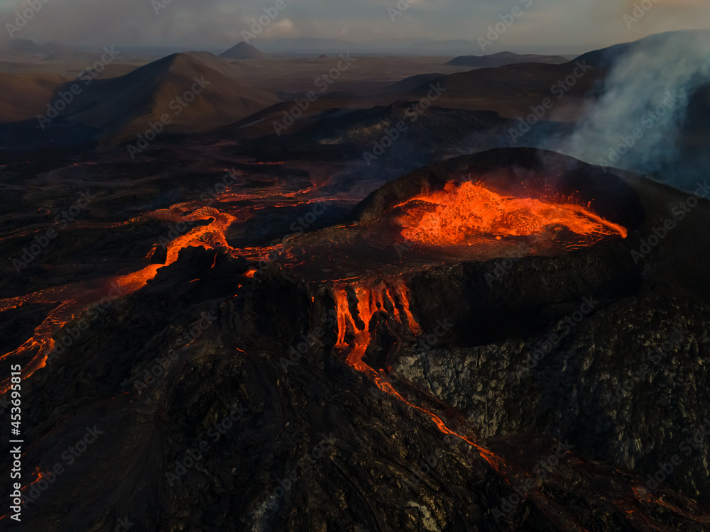 Beautiful aerial view of the Active Volcano with red Lava in Iceland Beautiful aerial view of the Active Volcano with red Lava in Iceland