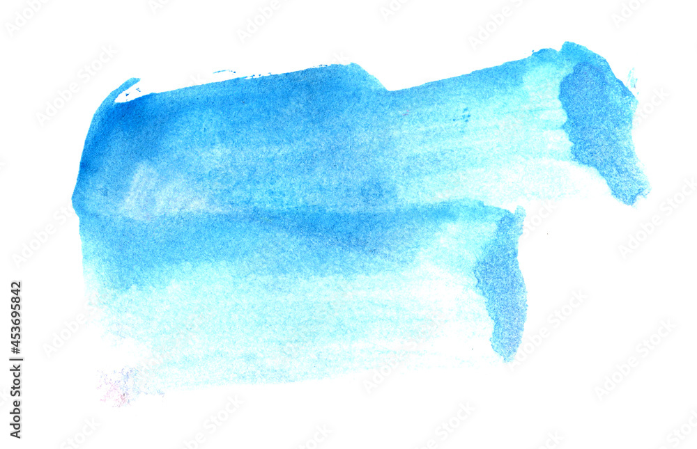 Blue brush strokes with water smudges on a white background. Watercolor stain on white isolate. Art effect for decoration, graphic design with place for text. Blue brush strokes with water smudges on a white background. Watercolor stain on white isolate. Art effect for decoration, graphic design with place for text.