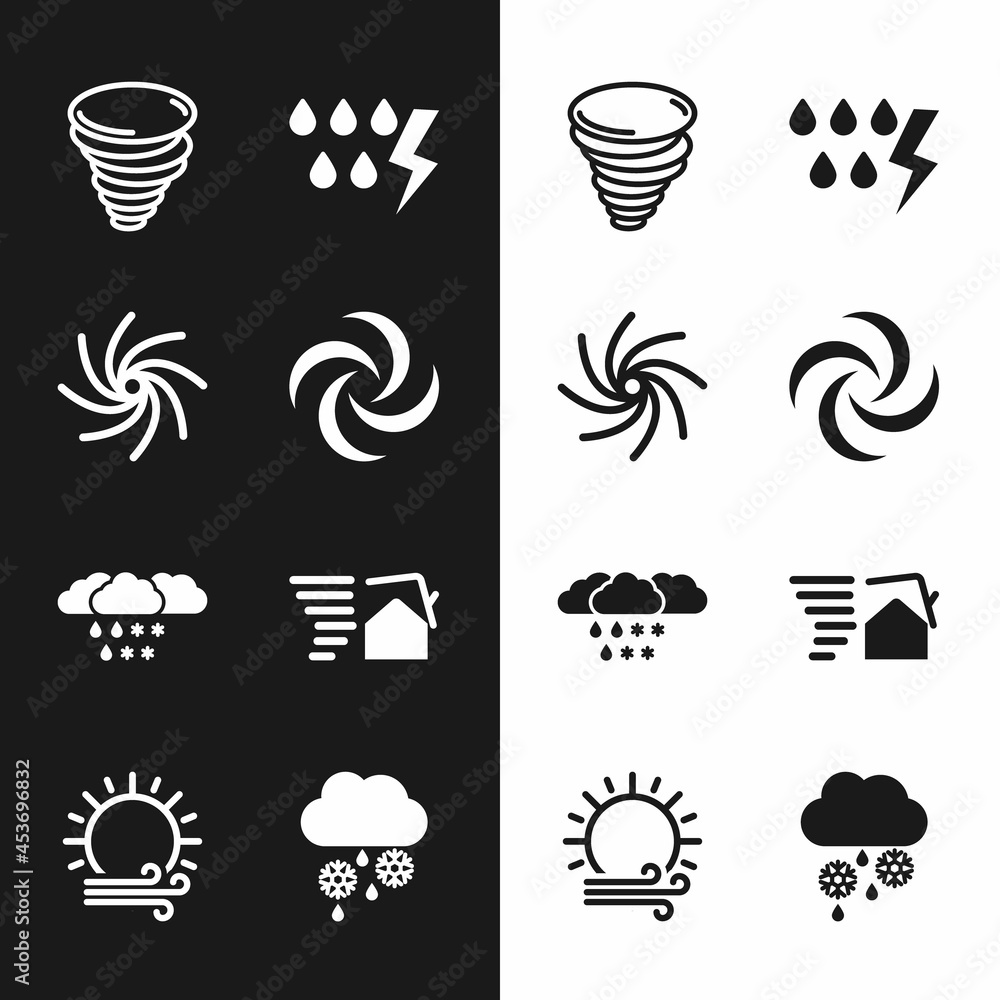Set Tornado, Storm, Cloud with snow and rain, swirl, and Wind sun icon. Vector