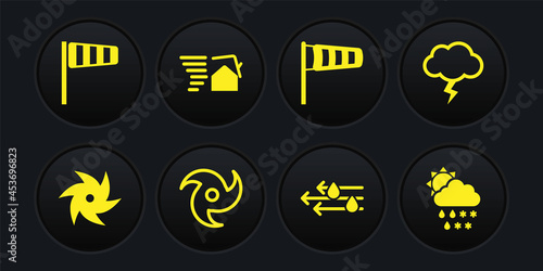 Set Tornado, Storm, Wind and rain, Cone meteorology windsock wind vane, swirl, Cloud with snow, sun and icon. Vector