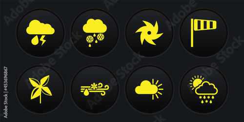 Set Pinwheel, Cone windsock wind vane, Wind and rain with snow, Cloudy, Tornado, rain, sun and lightning icon. Vector