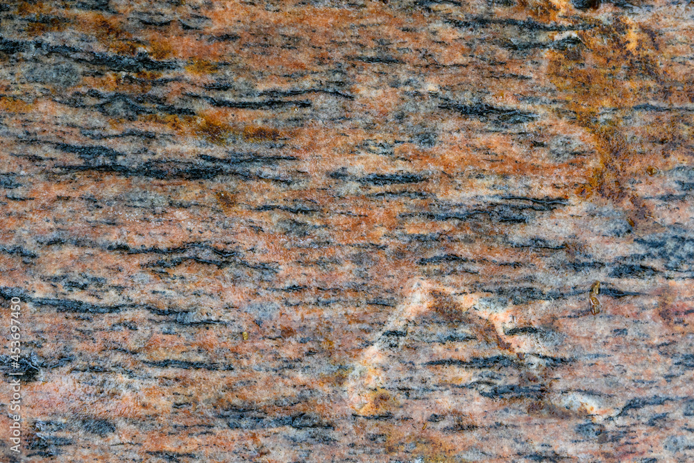 Wet orange and black striped patterned river rock as a nature background
