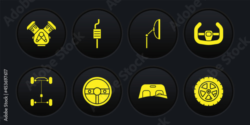 Set Chassis car, Sport steering wheel, Steering, Car windscreen, Windscreen wiper, muffler, and engine icon. Vector