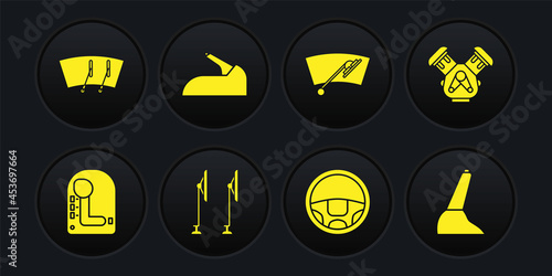 Set Gear shifter, Car engine, Windscreen wiper, Steering wheel, handbrake, and icon. Vector