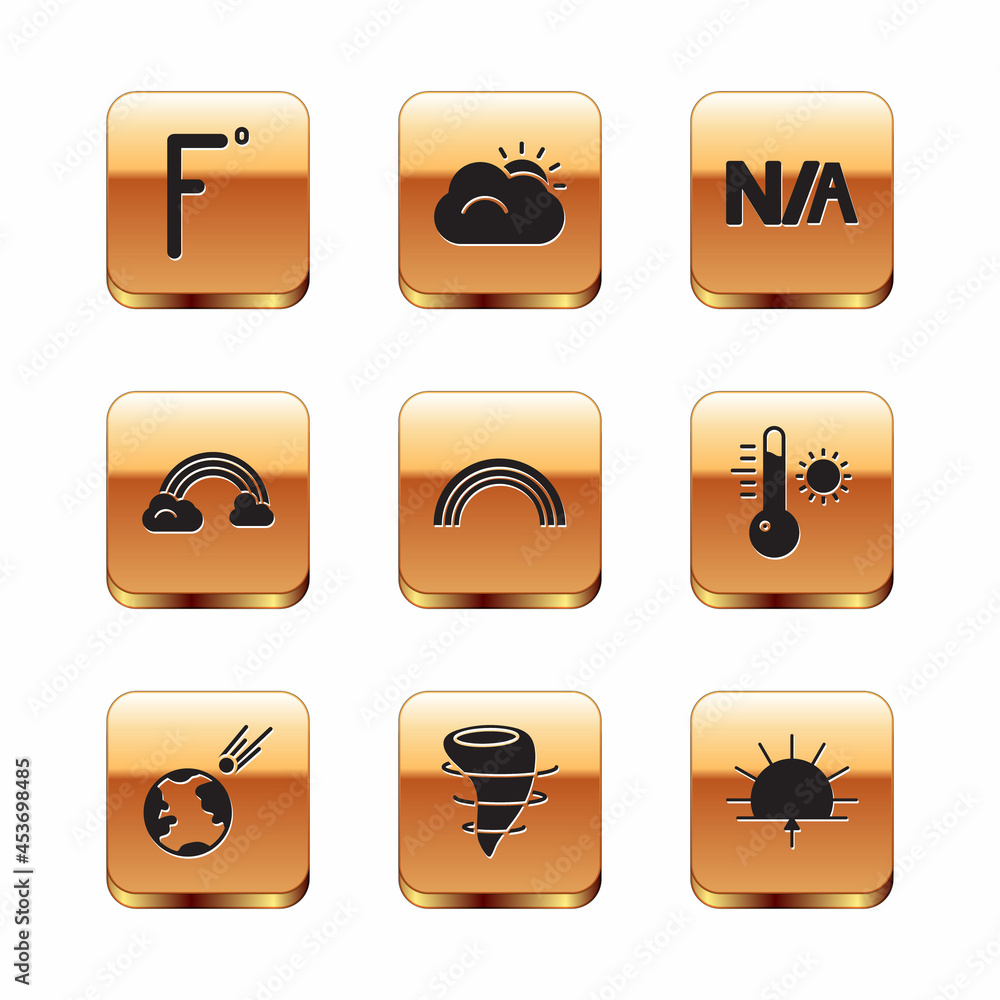 Set Fahrenheit, Comet falling down fast, Tornado, Rainbow, with clouds, Not applicable, Sunrise and and icon. Vector