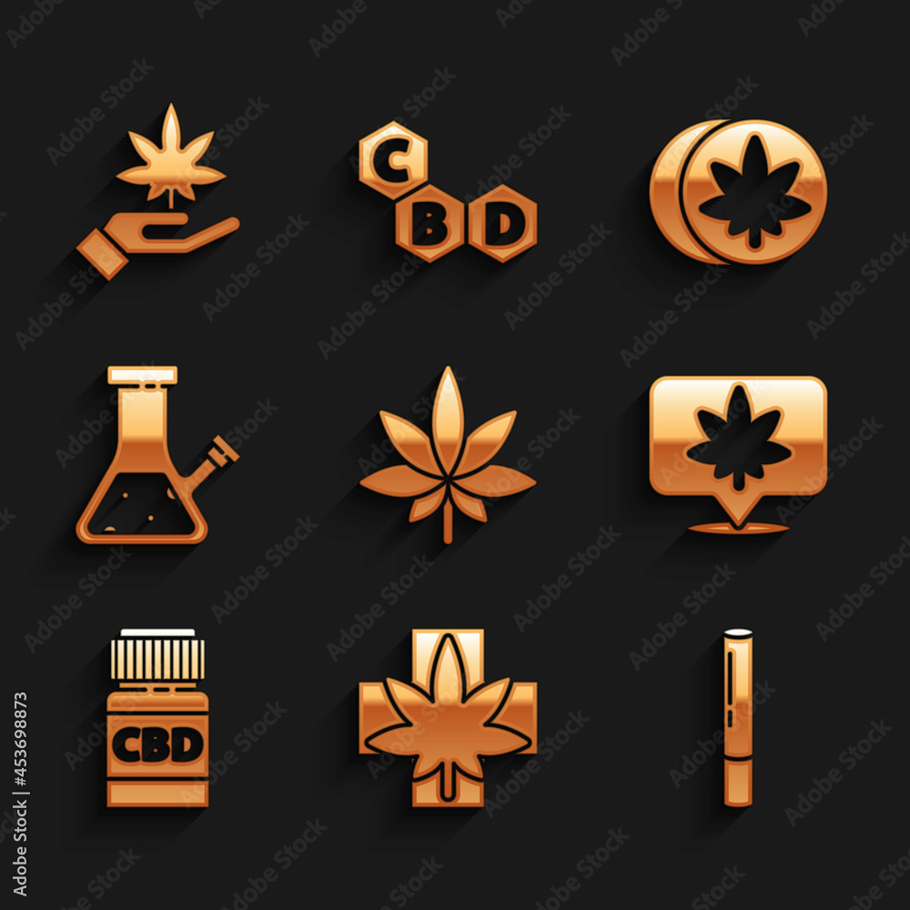 Set Marijuana or cannabis leaf, Medical marijuana, joint, Location and, bottle with, Glass bong for smoking, Herbal ecstasy tablets and icon. Vector Set Marijuana or cannabis leaf, Medical marijuana, joint, Location and, bottle with, Glass bong for smoking, Herbal ecstasy tablets and icon. Vector