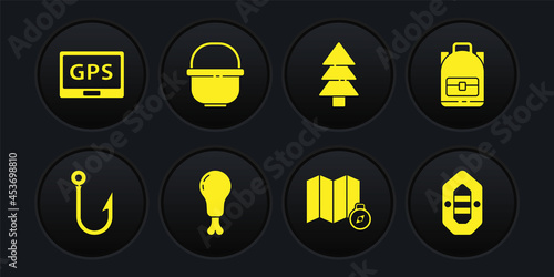 Set Fishing hook, Hiking backpack, Chicken leg, Location of the forest on map, Tree, Camping pot, Rafting boat and Gps device with icon. Vector