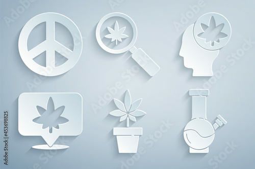 Set Marijuana or cannabis plant, Head with marijuana, Location and, Glass bong for smoking, Magnifying glass and Peace icon. Vector