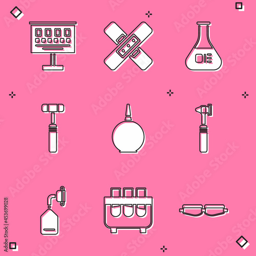 Set Eye test chart, Crossed bandage plaster, Test tube flask, Neurology reflex hammer, Enema, Medical otoscope tool, oxygen mask and icon. Vector