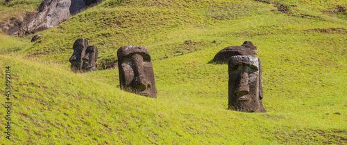 Moai stone sculptures at Rano Raraku, Easter island, Chile. photo