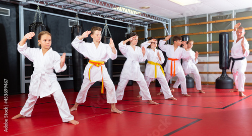 Children wearing karate uniform fighters poses in white kimono, group training