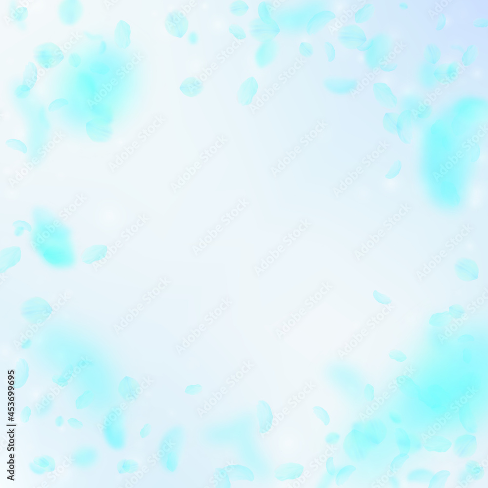 Turquoise flower petals falling down. Extraordinary romantic flowers vignette. Flying petal on blue sky square background. Love, romance concept. Cute wedding invitation. Turquoise flower petals falling down. Extraordinary romantic flowers vignette. Flying petal on blue sky square background. Love, romance concept. Cute wedding invitation.