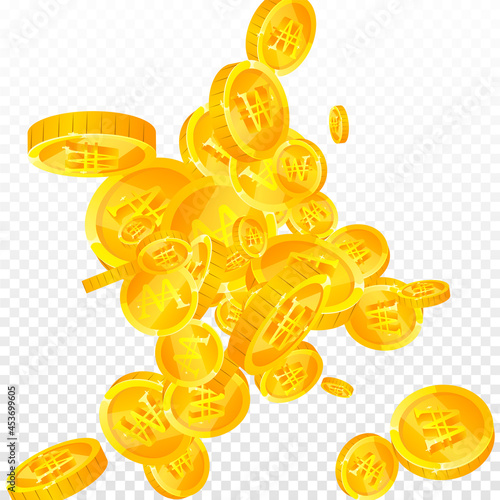 Korean won coins falling. Amazing scattered WON coins. Korea money. Admirable jackpot, wealth or success concept. Vector illustration.