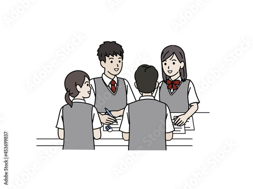 友達と勉強する学生　グループ　中高生　高校生　中学生　男女　イラスト素材