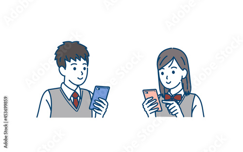 スマートフォンを使う学生　操作　携帯電話　中高生　高校生　中学生　男女　イラスト素材