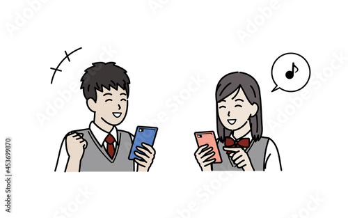 スマートフォンを使う学生　笑顔　喜ぶ　携帯電話　中高生　高校生　中学生　男女　イラスト素材