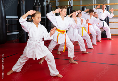 Schoolchilds are practicing new technique by repeating for the trainer in karate class photo