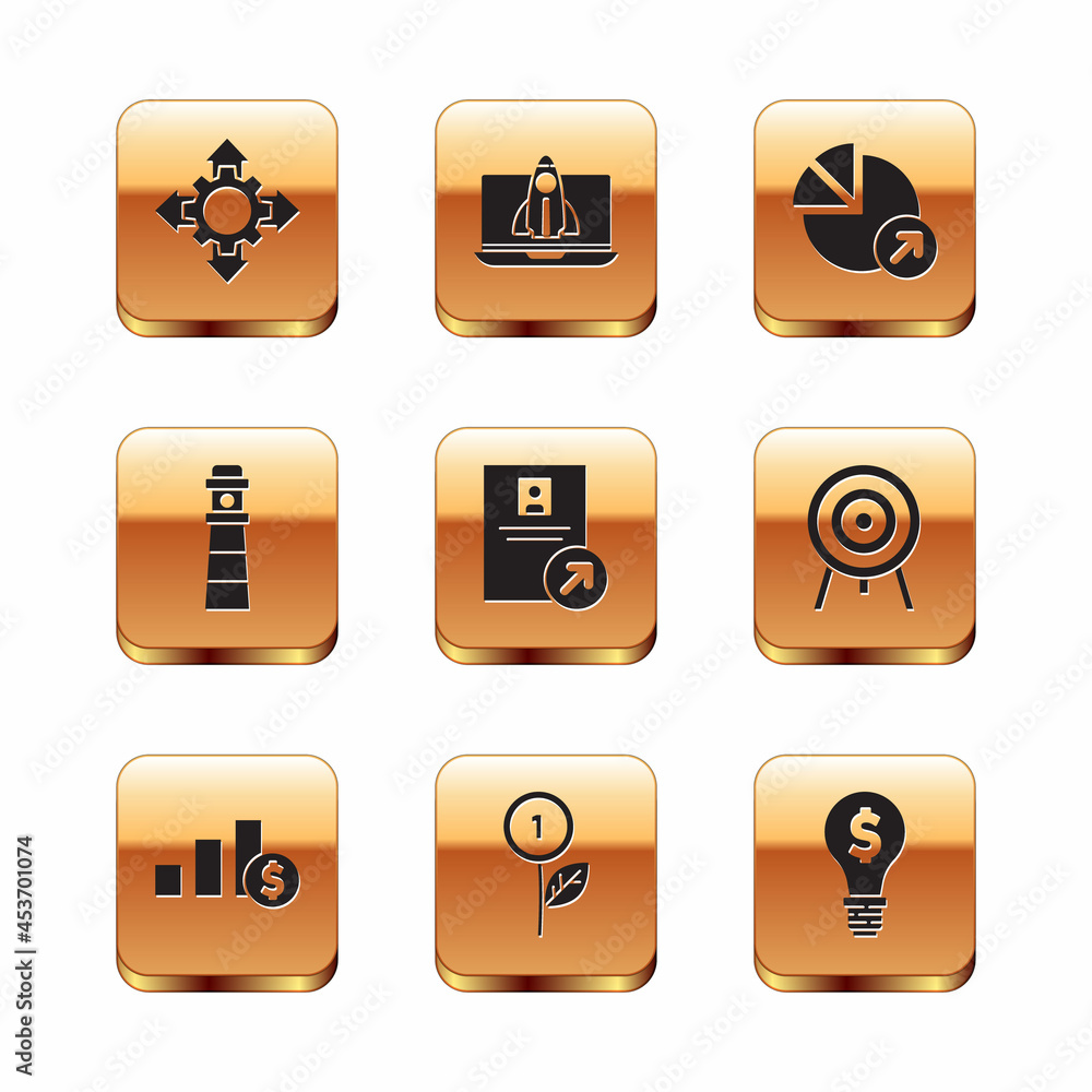 Set Project team base, Pie chart and dollar, Dollar plant, Job promotion, Lighthouse, Financial growth, bulb with and Startup project concept icon. Vector Set Project team base, Pie chart and dollar, Dollar plant, Job promotion, Lighthouse, Financial growth, bulb with and Startup project concept icon. Vector